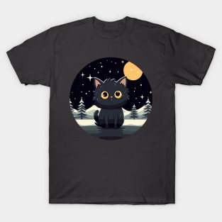 black cat in christmas winter night T-Shirt